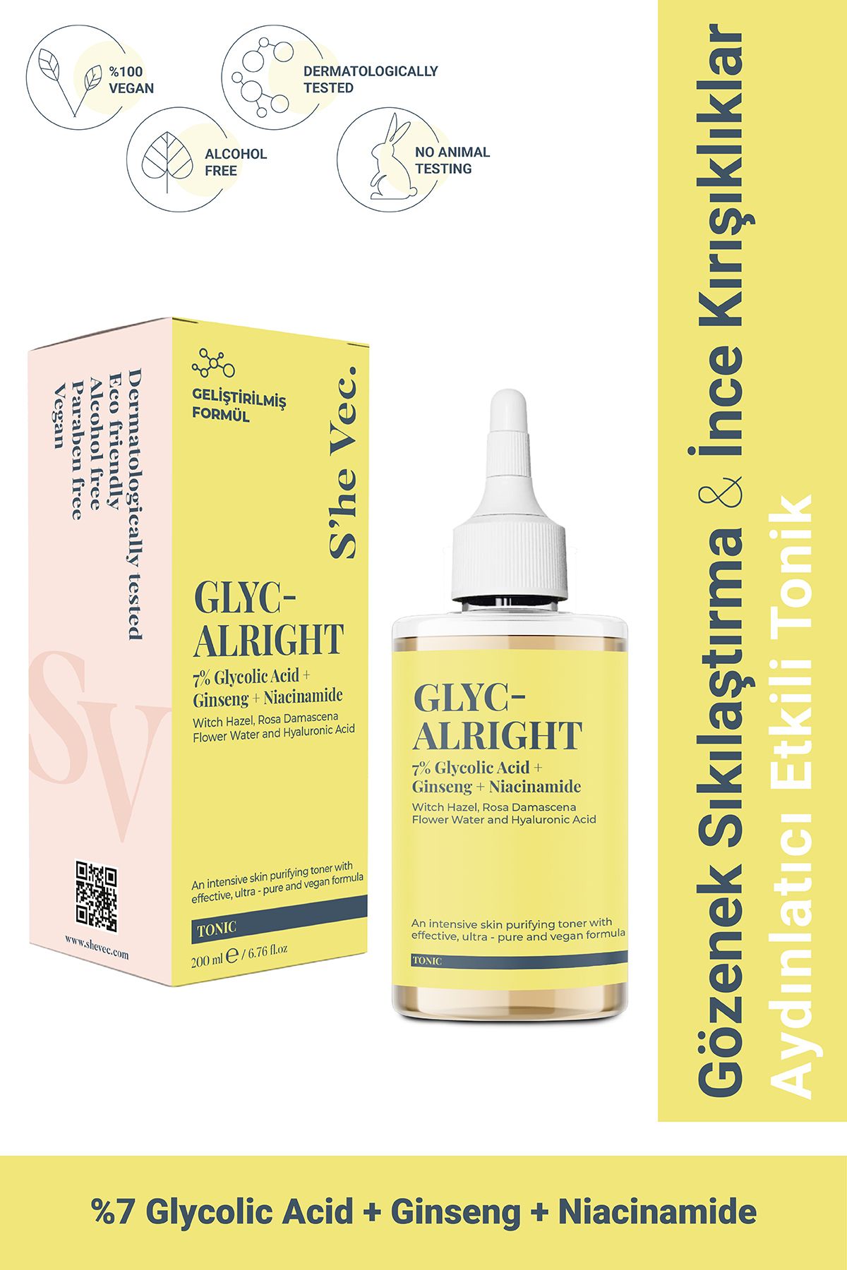 Glyc Alrıght | Gözenek Sıkılaştırıcı Aydınlatıcı Etkili Glikolik Asit, Ginseng Niacinamide Tonik